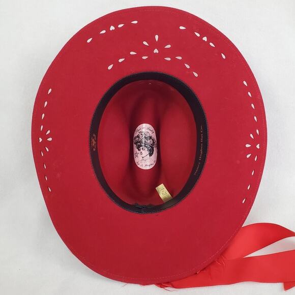 Vintage Nancy Hughes Hat Co Red Wool Satin Ribbon Bow Feather Lazer Cut 7-1/8 - Picture 8 of 12